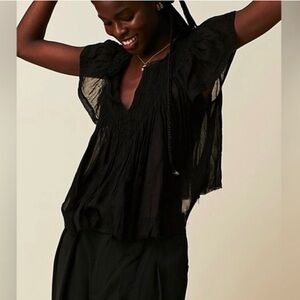 Free People FP One Padma Top Black V Neck Flutter Sleeve Blouse Size L
